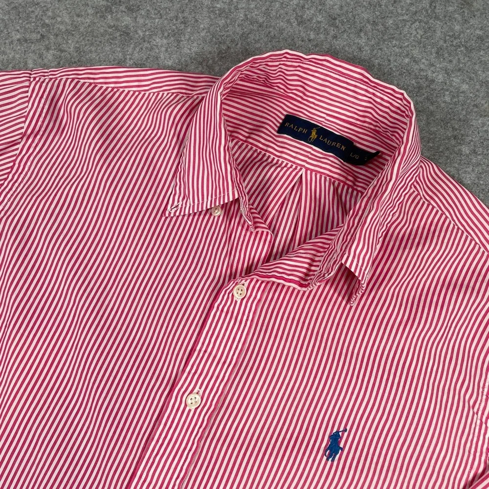 Polo Ralph Lauren Mens Shirt L Pink Striped Long Sleeve Classic Fit Prep Down